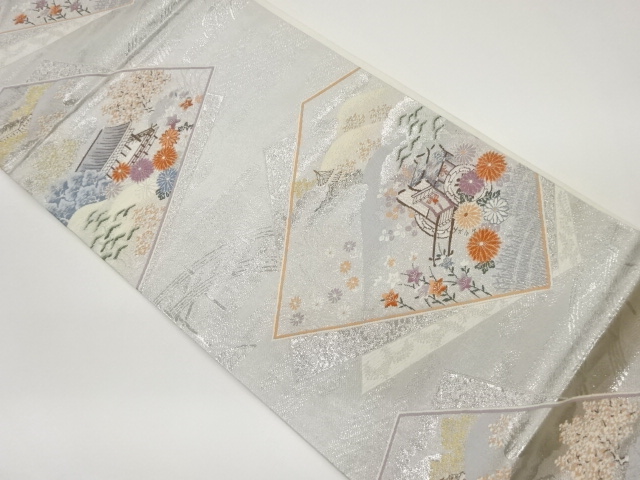 JAPANESE KIMONO / VINTAGE FUKURO OBI / WOVEN CARRIAGE & FLOWERS